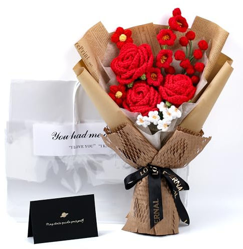 Häkelblumenstrauß, handgemachte gehäkelte rote Rose, künstliche Häkelblumen für Heimdekoration, Valentinstag, Jahrestag, Hochzeiten, Geburtstage, Muttertag, inklusive Geschenktüte und Grußkarte (Rose)