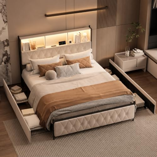 BRILVERDE Polsterbett 180x200 mit Stauraum, Doppelbett mit LED und USB, Jugendbett mit 4 Schubladen, Bettgestell mit Kopfteil und Lattenrost, Leinen (Beige, 180 x 200 cm)
