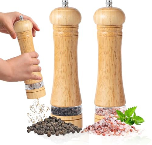 2Pack Wooden Salt and Pepper Grinder Set, 8Inch Salt and Pepper Grinders Set,Oak Wood Salt Mill Pepper Grinder Set Refillable with Adjustable Rotor
