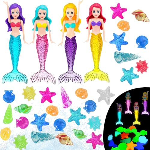 YOUYIKE Juguete de Buceo para Niños, 45 Piezas Joyas de Buceo para Piscina Luminosa y 4 Sirena Luminosa, Juguete Acuático de Natación, para Niños de 5-12 años