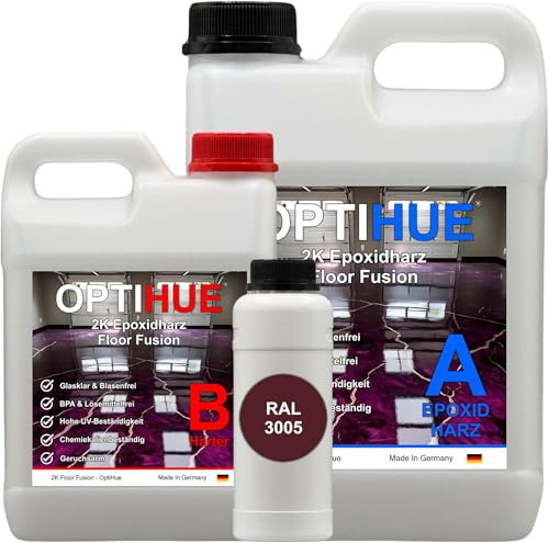 Optihue Epoxidharz Bodenbeschichtung Garagenboden 6Kg Bodenfarbe 2K Harz&Härter Garagenbeschichtung,Profi Qualität, Epoxy Gießharz geruchsarm Boden Werkstattboden (RAL 3005 Weinrot)