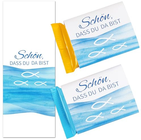 50 Schokoladenbanderole Schön dass du da bist Kommunion Taufe Schokolade Aufkleber Meer Fische Mini Schokoladen Banderolen Taufgeschenke Junge Mädchen Hochzeit Babyparty Gastgeschenk Sticker