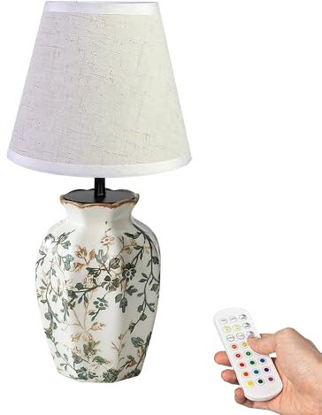 FSLiving Tischlampe Keramik Tischleuchte Lampe, Vintage Dimmbar Nachttischlampe mit Stoffschirm 1xE27, LED Wiederaufladbare Kabellose Akku Tischlampe für Nachttisch Beistelltisch Esstisch TD0998
