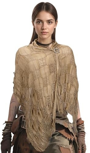 Faxianther Vintage Viking Scarf Shawl with Brooch, Medieval Renaissance Knights Witch Wizard Tattered Scarf Cloak Cowl Wrap
