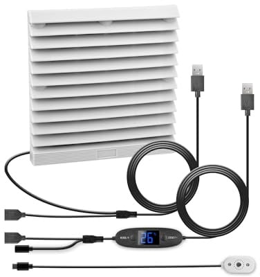 euroharry USB 120mm Wohnmobil-Lüftungsventilator, Digitalanzeige | temperaturgesteuertes leises Lüftersystem, 10 Geschwindigkeitsstufen, IPX5, Spannung 5-12V, für Wohnmobile, Camper, grau-weiß
