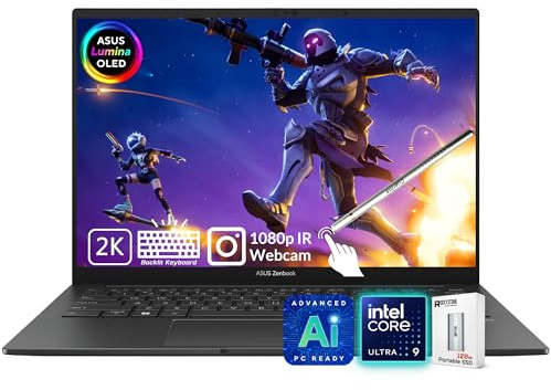 ASUS Zenbook 14 OLED Laptop, 2K Touchscreen, Intel Core Ultra 9 285H(>i9-14900), AI ready, Copilot + PC, Backlit Keyboard, Thunderbolt 4,Wi-Fi 7, Windows 11 Pro, Gray(32GB 7467 MHz DDR5 RAM | 1TB SSD)