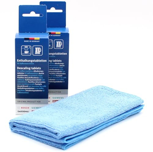 Kit de mantenimiento: 12 Pastillas Descalcificadoras para Cafeteras + paño de microfibra, compatible con Siemens TC13220(00), TC14(00), TC1410(00), TC1500(00), TC20(00), TC2500(00)