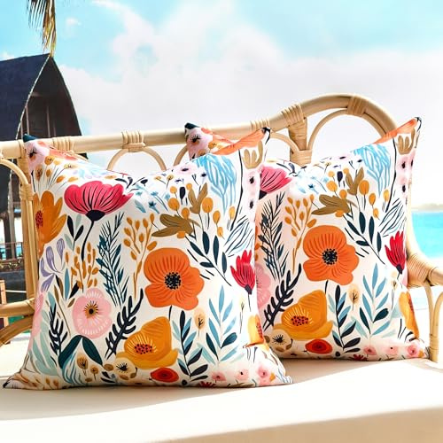 KWLET Kissenbezug Outdoor 50x50 Kissenbezüge Sitzkissenbezug Outdoor Wasserfest 50 x 50 cm 2er Set, Bunte Balkon Sommer Deko Wetterfest Blumen Design, Mehrfarbig, Orange und Rosa Blüten