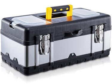 GREENSAPPIRE Caja de herramientas de 48 cm. Almacenamiento portátil de acero inoxidable resistente con doble cierre metálico y bandeja extraíble. Ideal para guardar piezas pequeñas.
