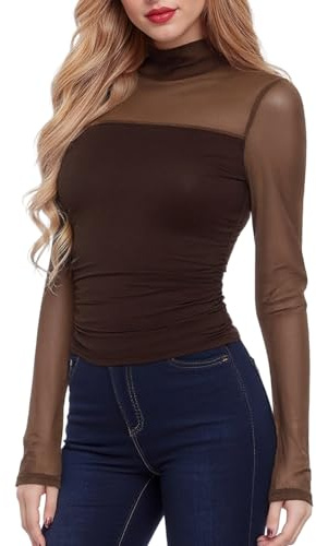 viiotu Long Sleeve Mesh Tops for Women Sexy Sheer Tops Going Out Top for Party Daily Wear Date