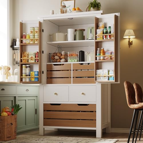 KOMHTOM Armoire de Cuisine, Armoire Haute, Buffet, Porte-Verres à Vin, 5 Tiroirs, 4 Portes Vitrées, Poignées et Pieds en Métal Doré, Grand Espace de Rangement (Blanc-6)