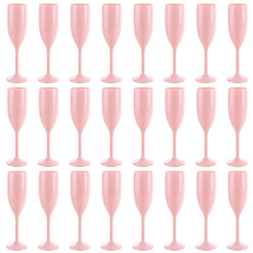 Swylexn 24 Pcs Pink Plastic Champagne Flutes, 170ml Plastic Prosecco Glasses, Shatterproof Champagne Glasses, Personalised Plastic Flute Glasses, Plastic Prosecco Flutes, Wine Glasses for Party