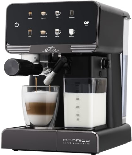ETA Aromico Siebträgermaschine | Espressomaschine mit automatischem Milchsystem & Touch-Display | Milchtank, Selbstreinigung | Siebträger für Cappuccino & Latte | Schwarz/Chrom