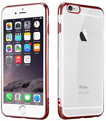 Compatible With iPhone 6 6s Plus (5.5) - Red Metallic Electroplating Bumper Slim Silicone Gel Clear Case Cover