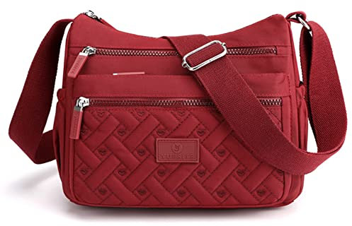 NOTAG Nylon Umhängetasche Damen, Wasserdicht Casual Schultertasche Mehrere Taschen Messenger-Tasche (Weinrot)