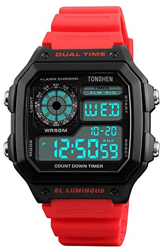 TONSHEN Herrenuhr 50M Wasserdicht Sportuhr LED Elektronik Digitaluhr Outdoor Militär Multifunktional Plastik Uhren und Kautschuk Band Armbanduhr (Rot)
