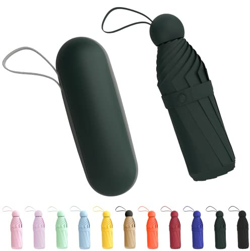 Xiuying Feng Mini-Reise-Regenschirm, Geldbörse mit Etui, kompakt, leicht, UV-Regenschirm UPF 50+, Sonnenschutz, winddicht, tragbar, Sonnenschirm für Damen, Herren und Kinder, Dunkelgrün, 8 Ribs