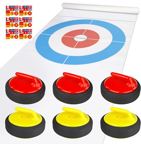 HearthSong Curling Zone – Indoor Battery Operated Hovering Curling Set – Fun Family Game for Kids and Adults – 6 Curling Stones and Floor Mat – Olympic Sport Party Game Equipment – Age 3+
