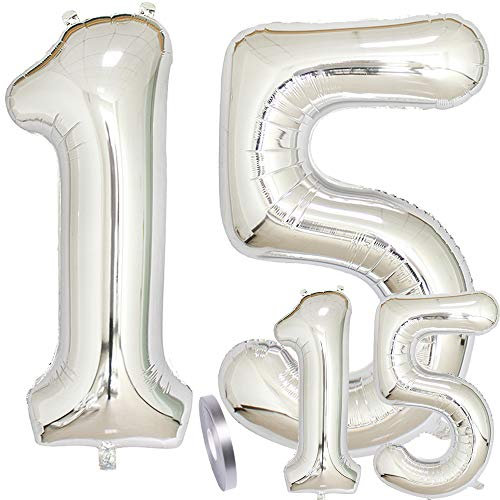 Globos numeros 15 cumpleaños XXL plata, número globo grande gigante de papel de helio en 2 tamaños 40y 16 | Set XXL 100cm+ Mini 40cm cumpleaños decoración adornos ideal para de 15 años niño niñas