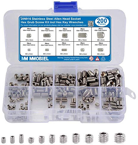 MMOBIEL 200pcs DIN916 Acier Inoxydable M3 M4 M5 M6 M8 Douille à tête Allen Assortiment de vis sans tête hexagonales avec clés hexagonales