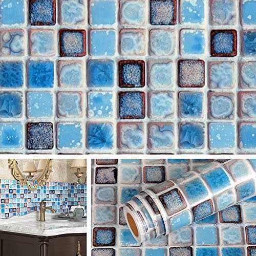 Livelynine Azulejos Adhesivos Cocina 40CMX10M Vinilos Cocina Azulejos Azul Vinilos Para Baños Impermeable Vinilos Baño Azulejos Decorativos Panel Revestimiento Ducha Vinilo Cocina Azulejos en Rollo