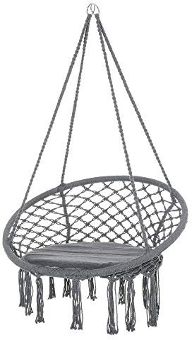 Outsunny Outdoor Cotton-Polyester Blend Macrame Hanging Rope Chair with Cushion, Portable Garden Chair with Fringe Tassels for Patio, Deck, Tree, Grey