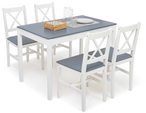 Mondeer Esstisch mit 4 Stühlen, Essgruppe Esszimmergarnitur Massiv Holztisch Klassischer Stil für Esszimmer küche, 108 x 65 x 73 cm, Blau