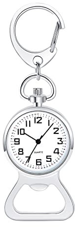JewelryWe Taschenuhr mit Karabiner Flaschenöffner Quarz Analog Uhr Clip-on Quarzuhr für Ärzte Krankenschwestern Sanitäter Köche Silber