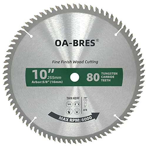 10-Inch Miter/Table Saw Blades, 80-Tooth ATB TCT Fine Finish Wood Cutting Circular Saw Blade with 5/8 Inch Arbor
