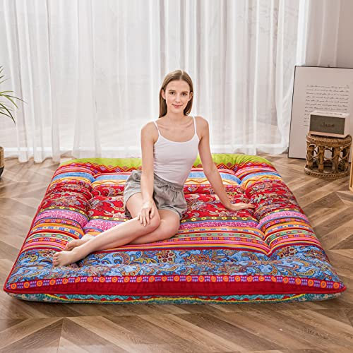 MAXYOYO Böhmische Retro-Bodenmatratze, Vintage-Blumenmuster, japanische Futon-Matratze, aufrollbar, verdicken, Schlafbett, tragbar, Camping-Matratze, Bodenliege (Bohemian C, 150 x 200 cm)