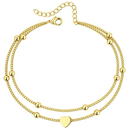JeweBella 18K Gold Fußkette Damen mit Herz Perlen Anhänger aus Edelstahl Fusskettenchen Gold Silber Verstellbares Fußkettchen Damen Fuß Schmuck für Frauen und Mädchen