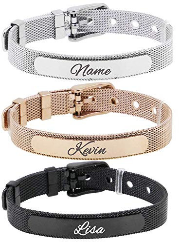 Personalisierter Mesharmband mit Wunschgravur Edelstahl - Mesh Charm Armband mit Name Buchstabe Silber Gold Schwarz Größen verstellbar - Damenarmband Charmband Gravur Geschenk für Freundin (Gold)