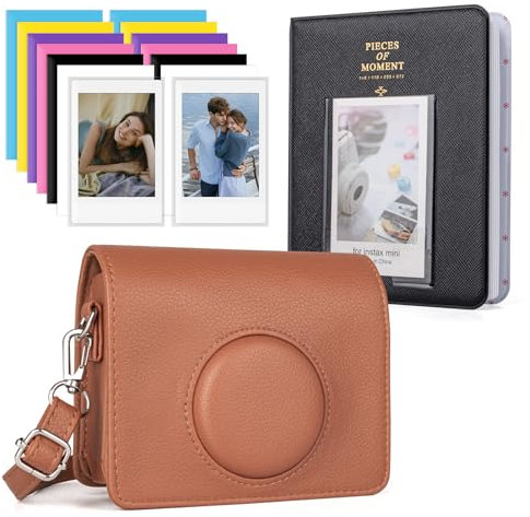HIYQIN Mini Evo Camera Case with Photo Album/Accessories - Protective Leather Case Compatible with Fujifilm Instax Mini Evo Instant Camera - Brown+Black