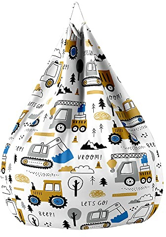 Treer Sitzsack ohne Füllung für Kinder & Erwachsene, Cartoon-Druck Lazy Bean Bag Sitzsäcke Sitzsackbezug, Spielzeug Aufbewahrung Sitzkissen mit Reißverschlus (100x120cm,gelber Traktor)