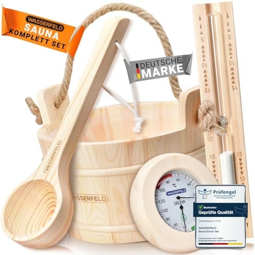 WASSERFELD® Seau de sauna (4 litres) – Seau de sauna de qualité supérieure avec truelle, sablier, thermomètre et hygromètre – Seau de sauna résistant à la chaleur de 4 l avec insert et corde de