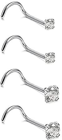 TGNEL 4pcs G23 Titanium 7mm 20G/18G Nose Rings Studs Gold/Silver/Black Nostril Piercing Body Jewelry L-Shaped/S-Shaped Studs 2mm 3mm Ball/CZ Screw for Women, Titanium, no gemstone