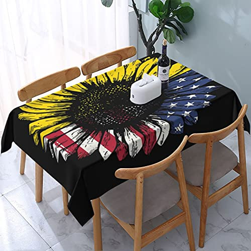 Rechteckige Wachstischdecke Sonnenblume-Amerikanische Flagge Patriotisch Wachstischdecke Abwaschbar Tischdecke Wasserdicht Gartentischdecke Für Party Garten Picknick,137X183cm