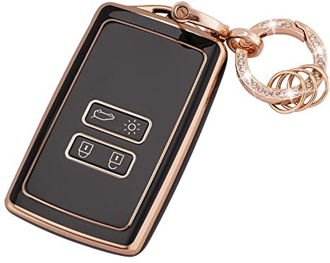 Koaudb Autoschlüssel TPU Schutz Passend für Clio Megane Koleos Kadjar Talisman Captur Espace Dacia Duster 4 Tasten Keyless Smart Card Case mit Schlüsselanhänger Schwarz Gold (R-Rnl-B)