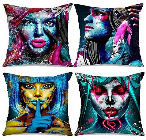 Tucocoo Kissenbezüge mit Motiv Terror Girl, Gothic-Stil, dekorativ, 45,7 x 45,7 cm, 4 Stück, moderner Stil, Kunst-Kissenbezüge, bunte Wurfkissenbezüge für Sofa, Wohnzimmer, Geschenk