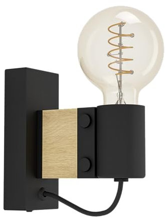 EGLO Wandlampe Bailrigg, rechteckige Wandleuchte für innen, FSC100HB, Flurlampe aus Holz in Natur und Metall in Schwarz, Lampe Wand mit E27 Fassung