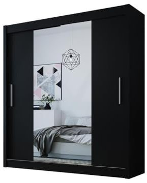 Easy4You D2 180 cm Schwarz Schiebetüren Kleiderschrank 180x215x58 cm mit Spiegel - Schlafzimmermöbel, Aufbewahrung - Mehrzweckschrank