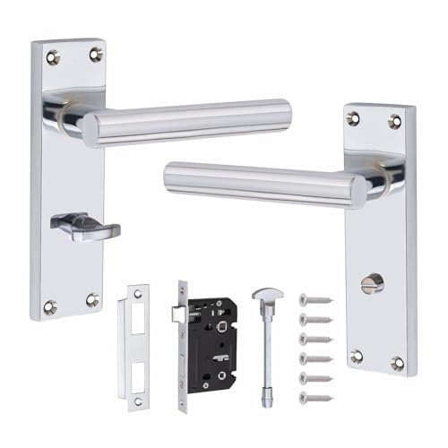 Golden Grace Victorian Straight T-Bar Door Handles Bathroom WC Toilet Complete in Silver Polished Chrome Finish with (GG) 64mm Bathroom Mortise Lock - 150mm x 40mm Backplate