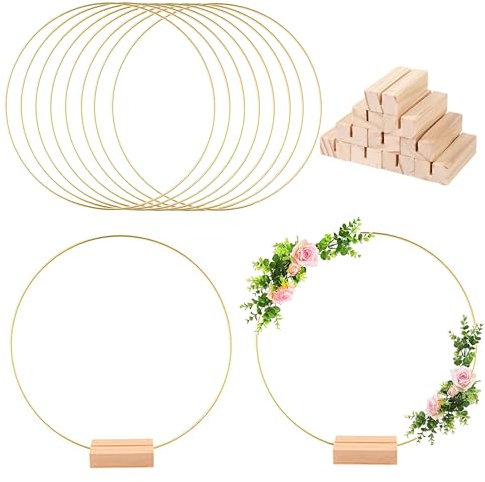 Idota 8 Stück Metallringe zum Basteln 30cm, Metallring Gold mit 8 Stück Holzständern Türkranz Metallring Dekokranz zum Aufhängen für DIY Türkranz Willkommen/Blumenkranz Makramee/Weihnachtskranz