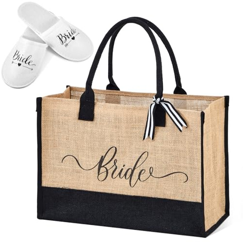 Weewooday 2 Pcs Hen Do Accessories for Party Include Bride Tote Bag and Slippers, Bride to Be Gifts Bridal Bag Spa Slippers for Wedding Day Bridal Shower Favors Women Gifts(Brown)