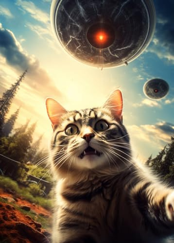 UFO Selfie Katze 1000 Teile Puzzle - UFO Katzenpuzzles für Erwachsene mit Alien UFO Raumschiff Puzzle für Cooles Puzzle, lustiges Puzzle & Einzigartige Puzzle-Fans