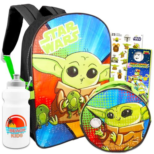 Baby Yoda Rucksack und Lunchbox Set für Kinder – Paket mit 40,6 cm Baby Yoda Rucksack, Star Wars Lunchtasche, Aufkleber, Wasserflasche, mehr | Mandalorianischer Rucksack für Jungen