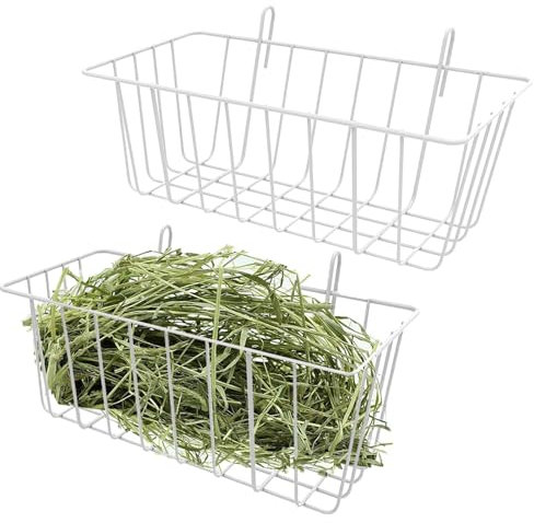 Kaninchen-Heu-Futterstation, 2 Stück, Metall, Kaninchen, Heuraufe zum Aufhängen, Heuhalter, Grashalter, Kleintierkorb mit Haken für Frettchen, Meerschweinchen, Kleintiere