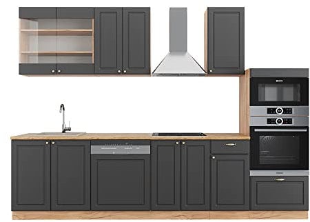 Vicco Küchenzeile Fame-Line, Anthrazit Landhaus/Goldkraft Eiche, 300 cm mit Hochschrank, AP Eiche