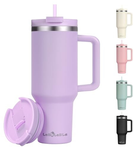 Labulabla Vaso de 40 onzas con asa, botella de agua reutilizable de acero inoxidable aislada al vacío, con tapa a prueba de fugas y popote para bebidas heladas o frías (morado lavanda)