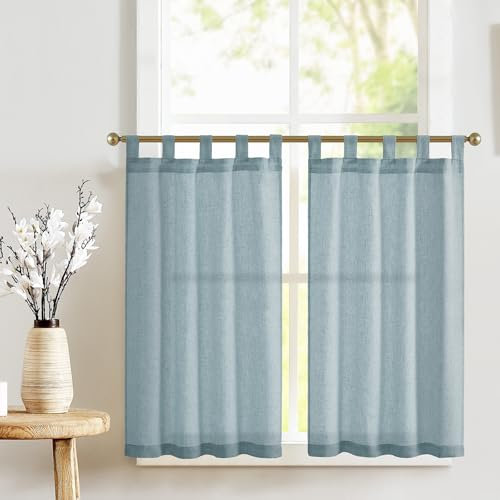 TOPICK 2er Set H 90 x B 65 (cm) Scheibengardinen Küche Blau Leinen Bistrogardine mit Schlaufen Küchengardinen für Balkontür Wohnwagen Landhausstil Bauernhaus Gardinen Kurz Halbtransparente